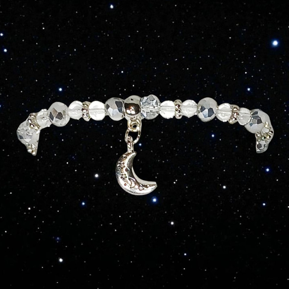 Clear Quartz Crystal Beaded Bracelet Crescent Moon Charm 2000s Ice Iced Frost
